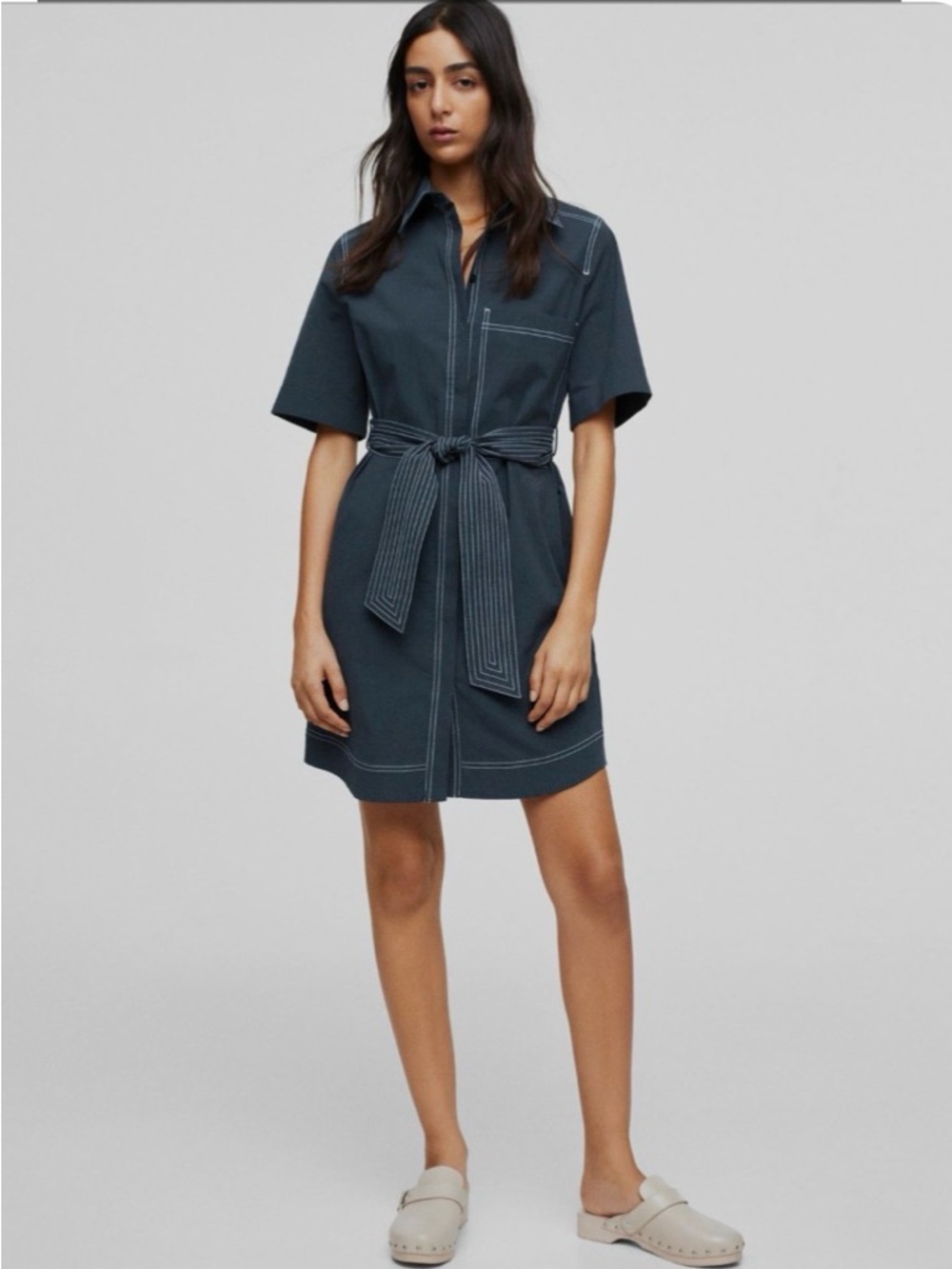 Mango Navy Button-Front Dress with White Topstitching